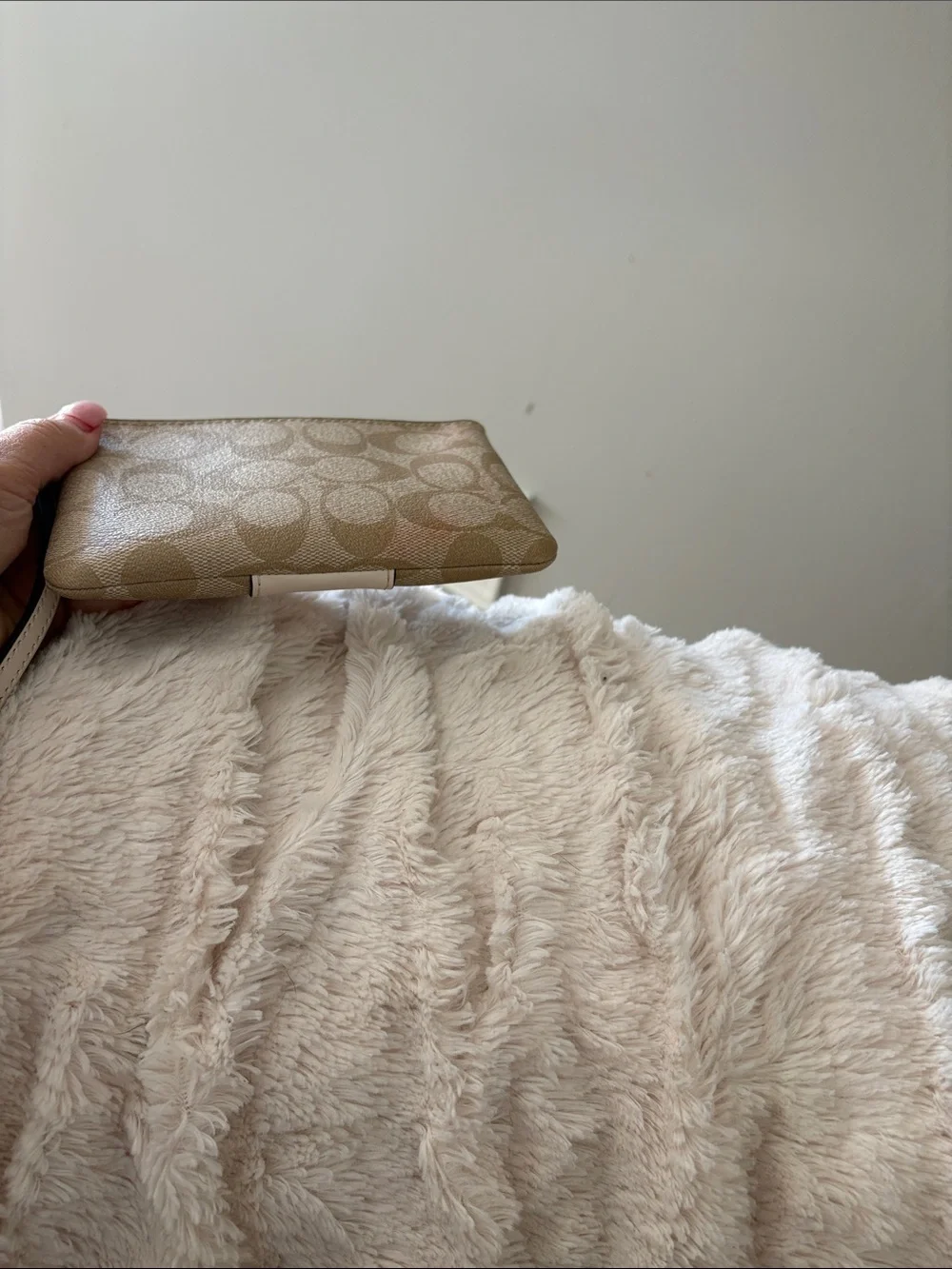 Coach Beige Signature Canvas Wristlet with Cream Center Panel
